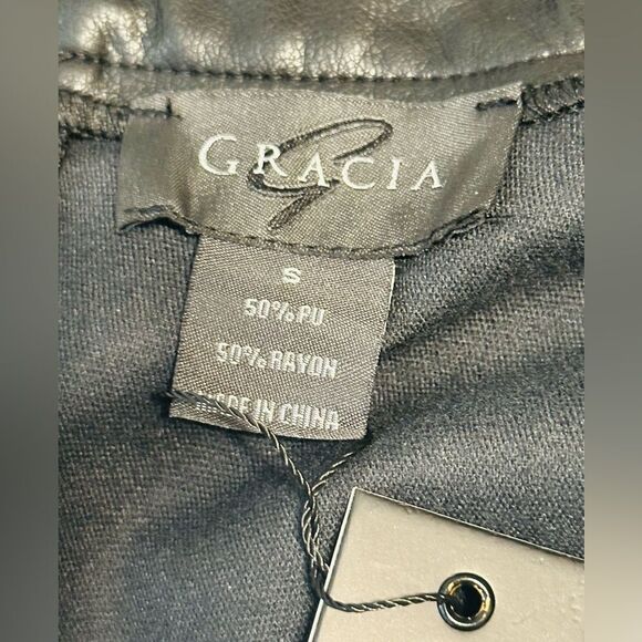 GRACIA Faux Leather Ruffled Sleeve Top In Black Studded Neckline Size Small NWT - Picture 9 of 11